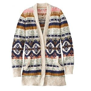 L.L. Bean Women's M Cotton Ragg Sweater Open Cardigan Fair Isle Oatmeal Marl